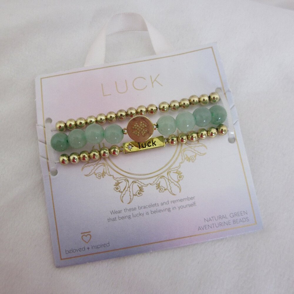 beloved + inspired Luck Bracelet Set Natural Green Aventurine Beads Stretch